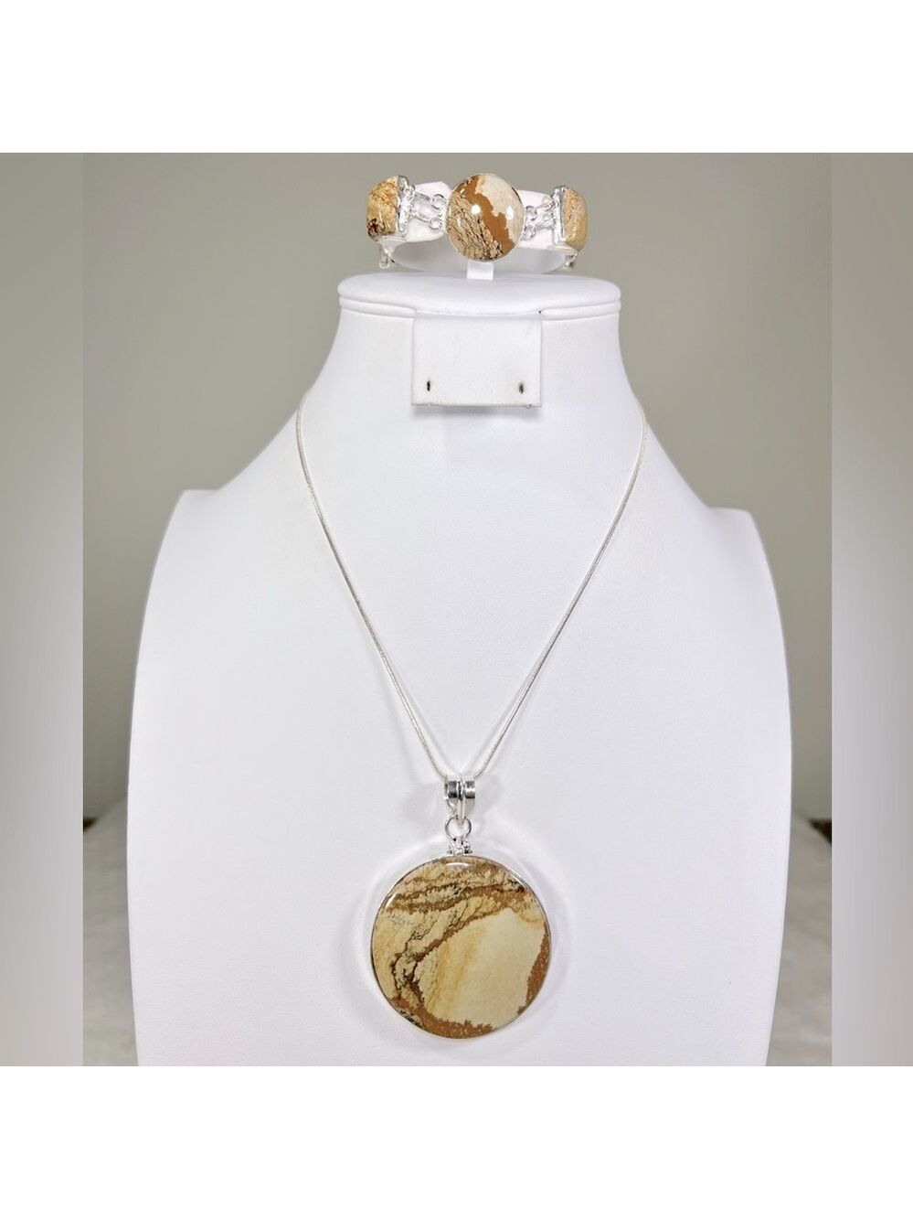Picture Jasper 925 Large Circle Gemstone Pendant & Bracelet